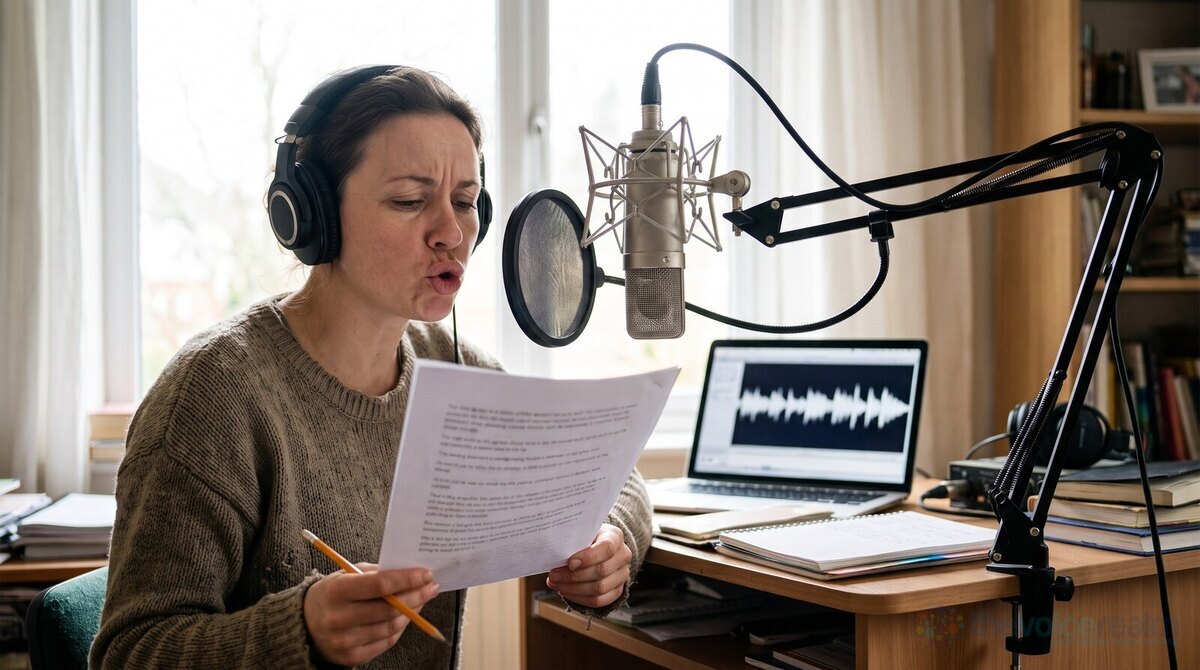 A woman in headphones at a home studio microphone, reading a printed script aloud with a pencil in her hand, a laptop showing a waveform on the desk behind © The Voice Realm