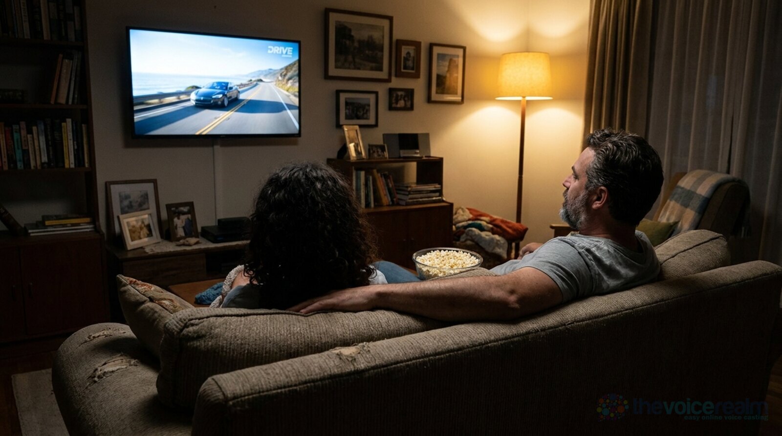A father and teenage daughter on a sofa in a lamp-lit living room, seen from behind, a car advert on a coastal road playing on the wall TV and a bowl of popcorn between them © The Voice Realm