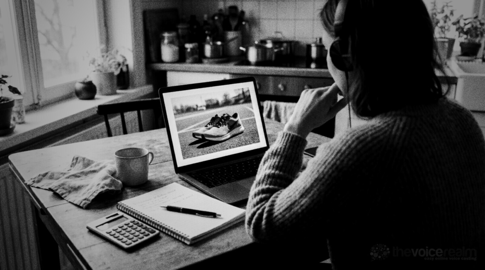 A woman in headphones at a kitchen table watching a video advert for running shoes on her laptop, a notebook, a pen and a calculator beside her © The Voice Realm