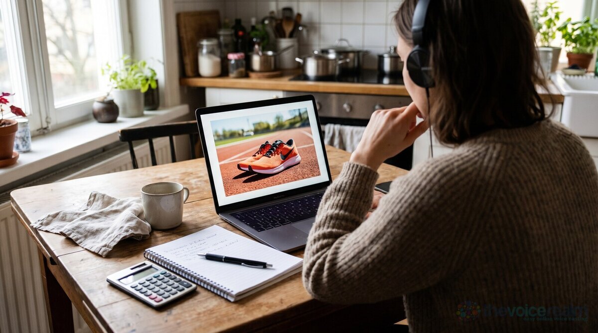 A woman in headphones at a kitchen table watching a video advert for running shoes on her laptop, a notebook, a pen and a calculator beside her © The Voice Realm