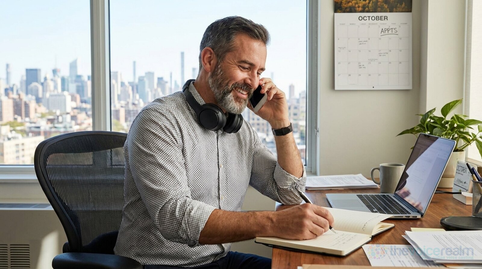 A smiling man on a phone call at a home office desk, writing in a notebook, headphones around his neck and a city skyline through the window © The Voice Realm