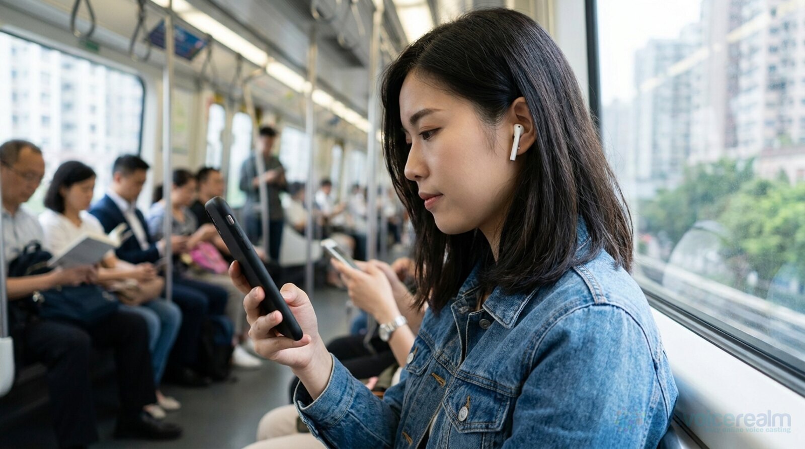 A young woman in a denim jacket with wireless earbuds watching a video on her phone on a commuter train, other passengers behind her © The Voice Realm