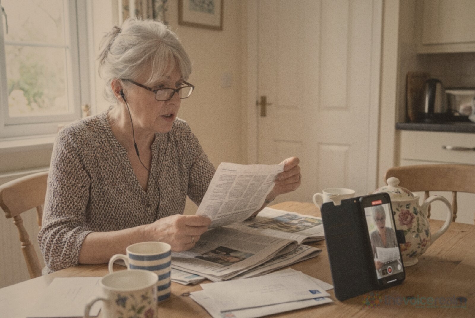 A woman in her sixties with silver hair and reading glasses at a kitchen table, reading a newspaper aloud while her phone, propped by a teapot, records her © The Voice Realm