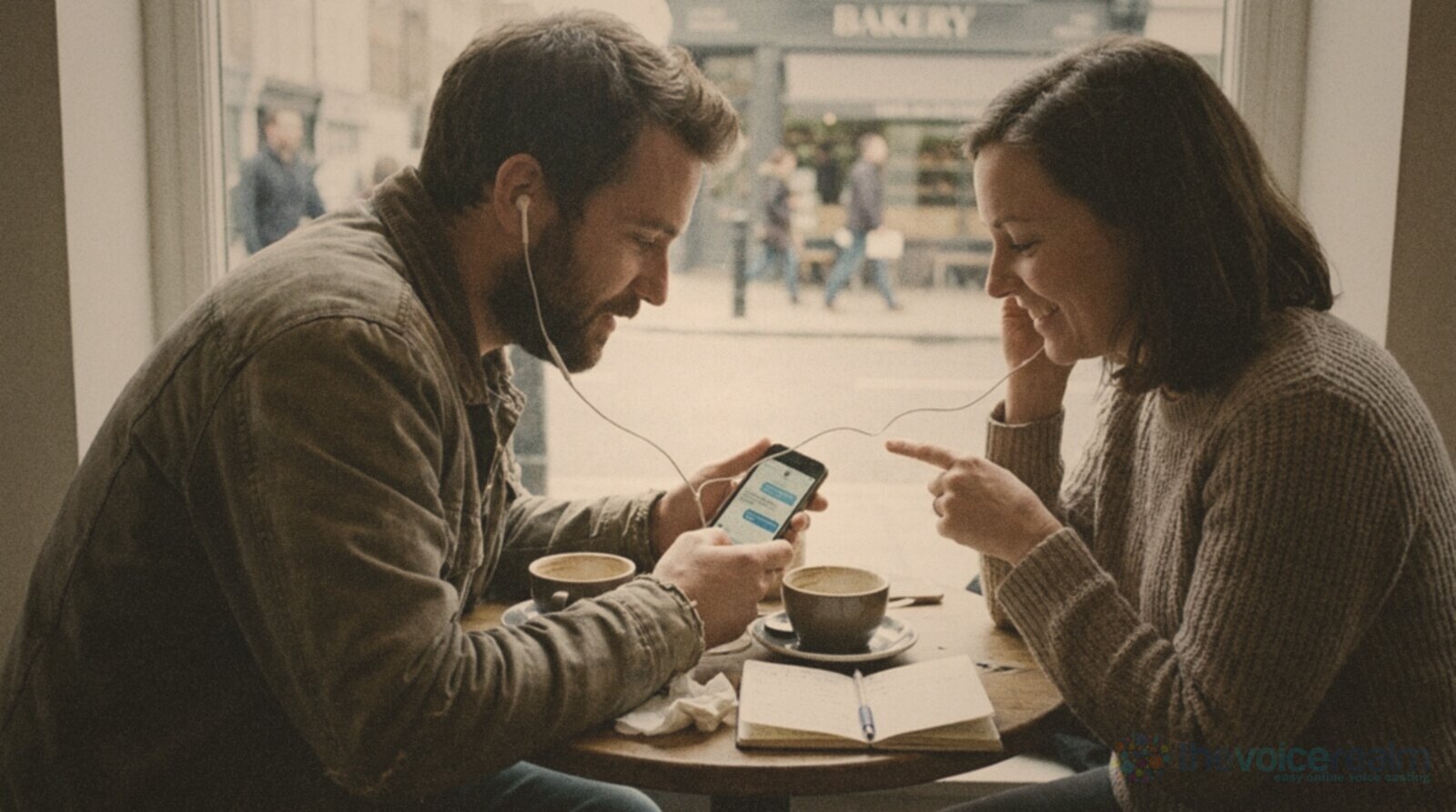 Two friends at a small cafe table by a window sharing a pair of wired earbuds to listen to something on a phone, coffee cups and a notebook on the table, a bakery across the street behind them © The Voice Realm
