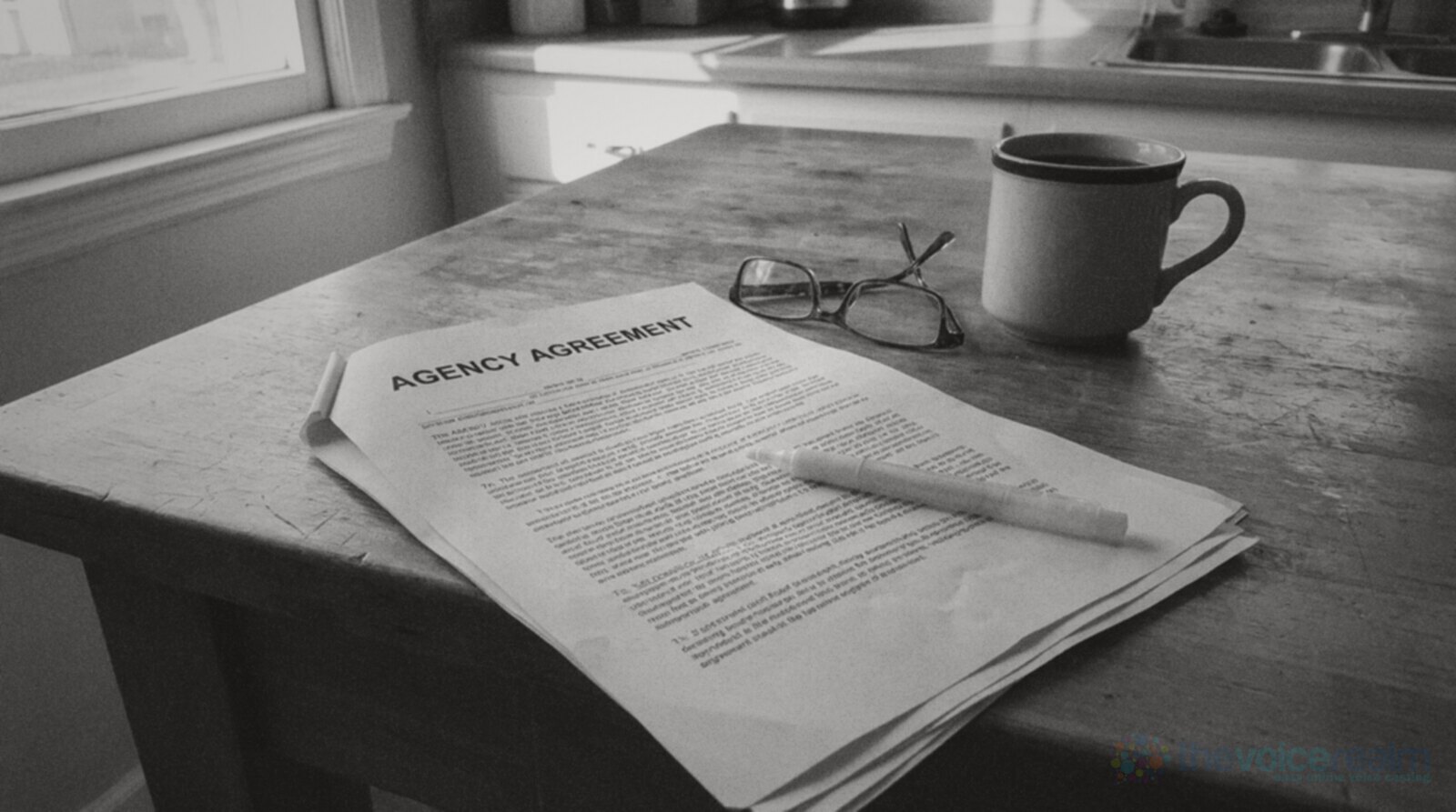 Black and white photo of a printed agency agreement lying on a wooden kitchen table with a highlighter resting on the page, reading glasses folded beside it and a mug of coffee © The Voice Realm