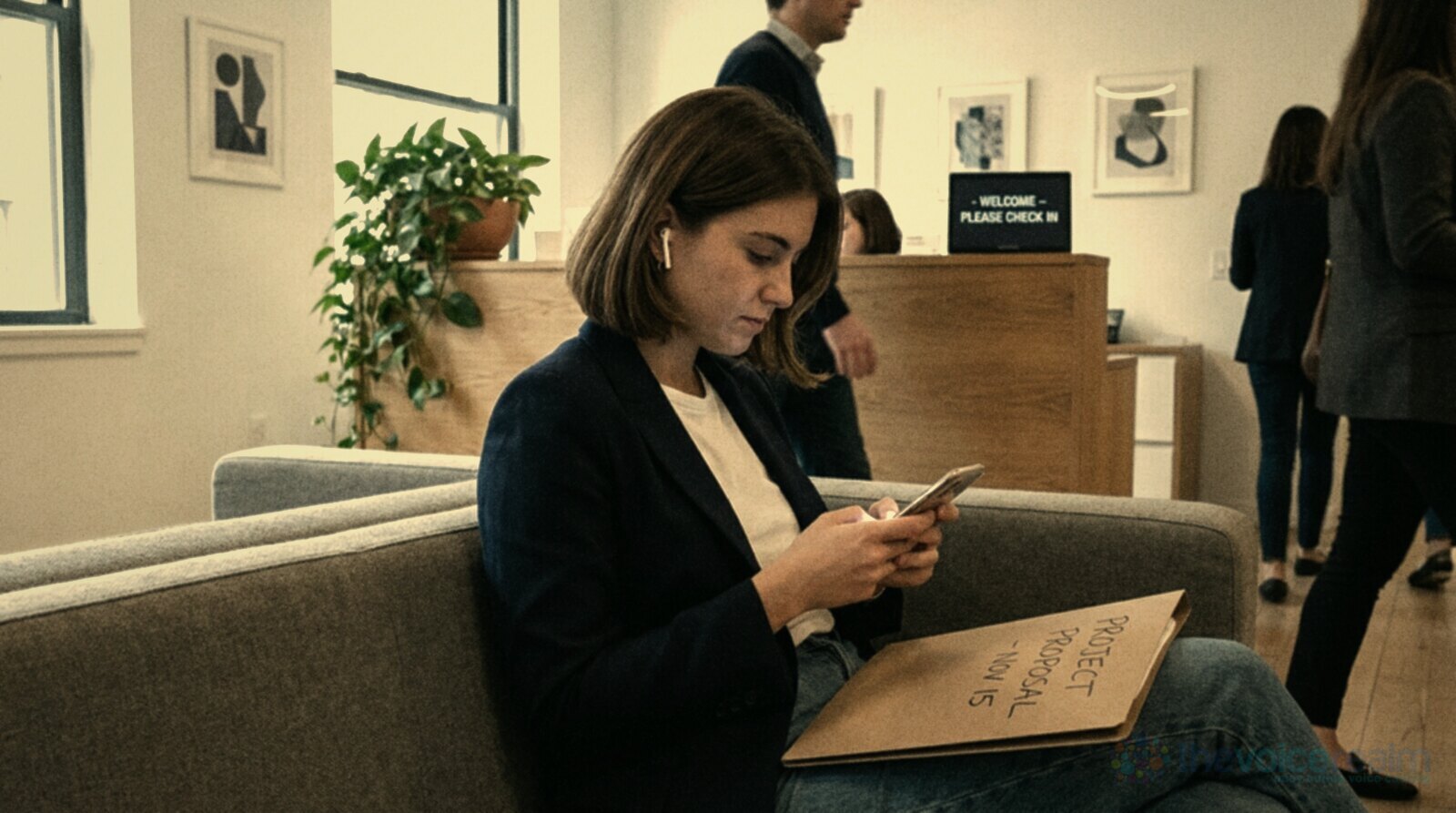 A young woman in a navy jacket with earbuds in, waiting on a grey sofa in a bright reception area with a folder on her knees, checking her phone, a plant and framed prints behind her © The Voice Realm