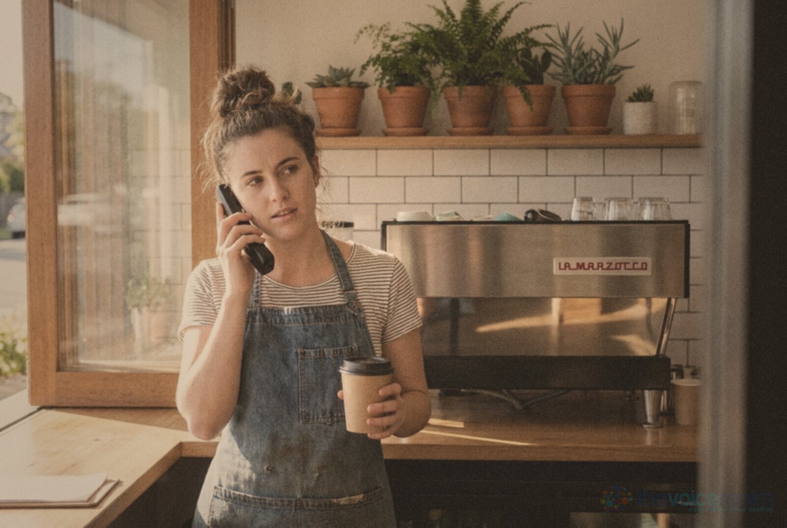 A barista in a denim apron at a Sydney cafe holding a cordless phone to her ear while she waits on hold, a takeaway coffee in her other hand and an espresso machine behind her © The Voice Realm