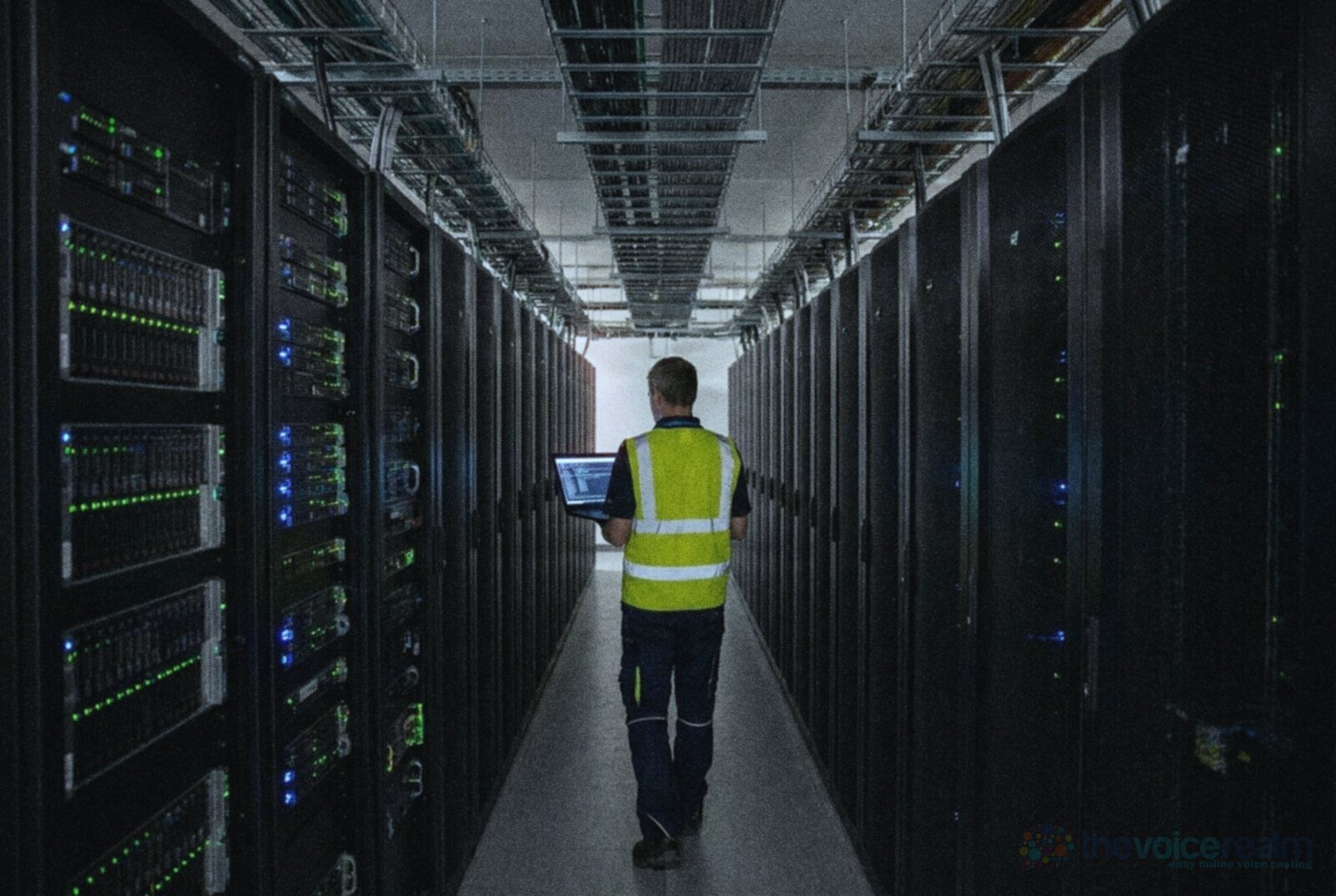 A technician in a hi-vis vest walking down a long aisle between rows of server racks with blinking status lights in a data centre, carrying an open laptop © The Voice Realm