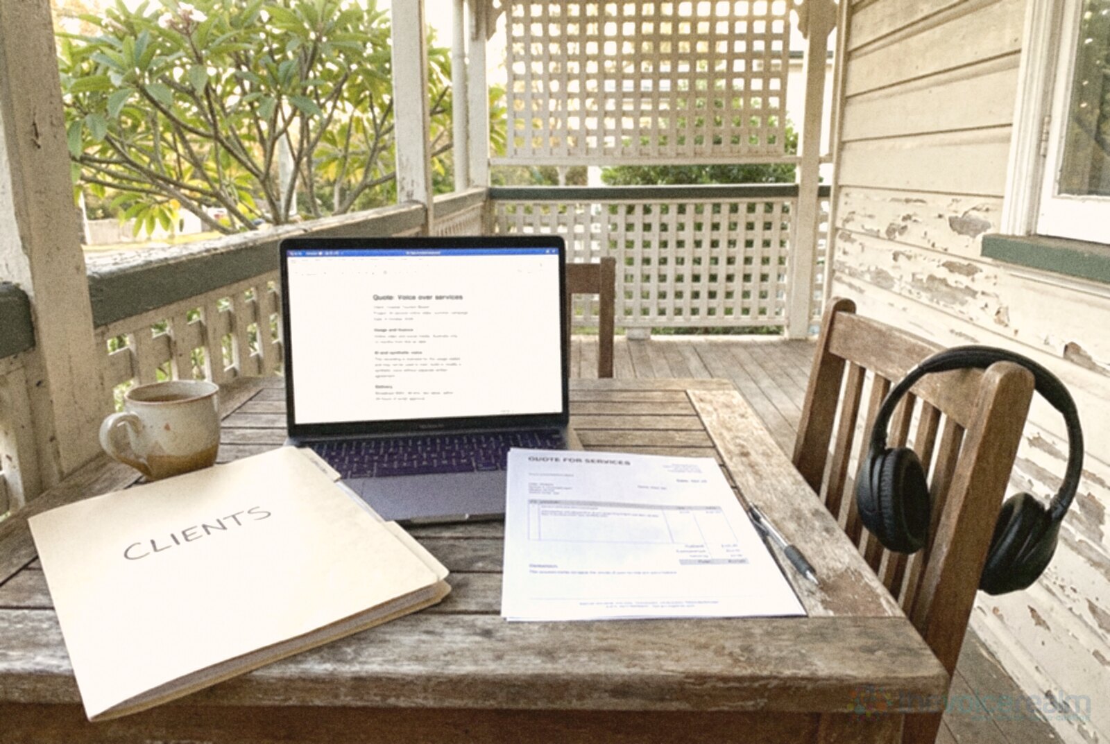A freelancer's table on the verandah of an old Queenslander house with a laptop, a printed quote for services and a pen, a folder marked Clients, a mug of tea and headphones hung on a chair © The Voice Realm