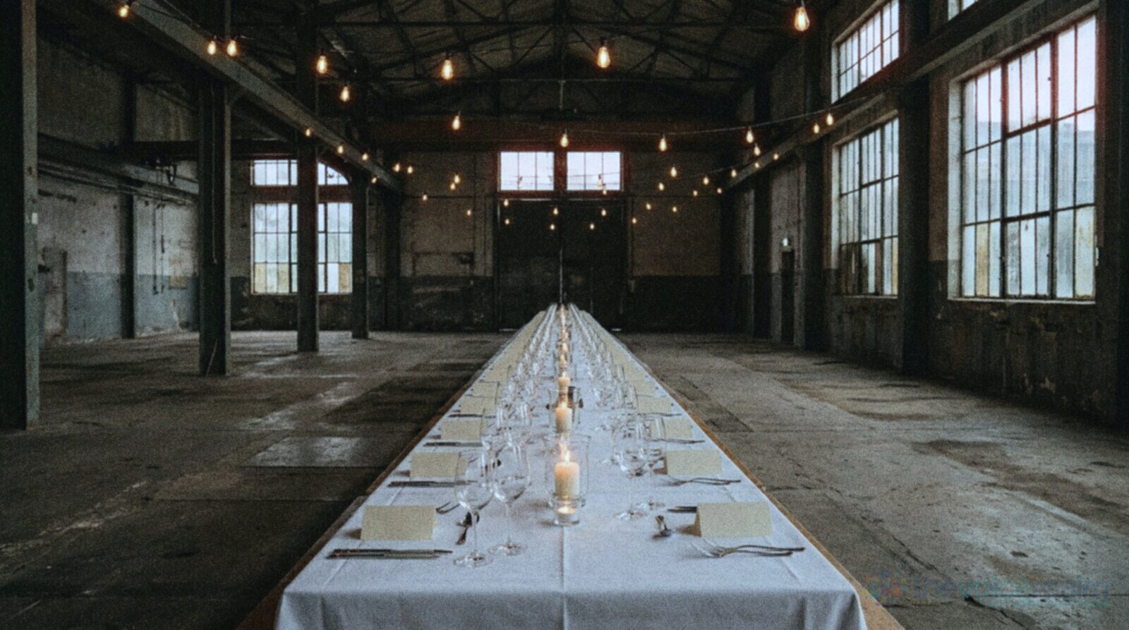 A long dinner table set with white linen, wine glasses, candles and blank place cards in a large old industrial hall hung with string lights, before the guests arrive © The Voice Realm