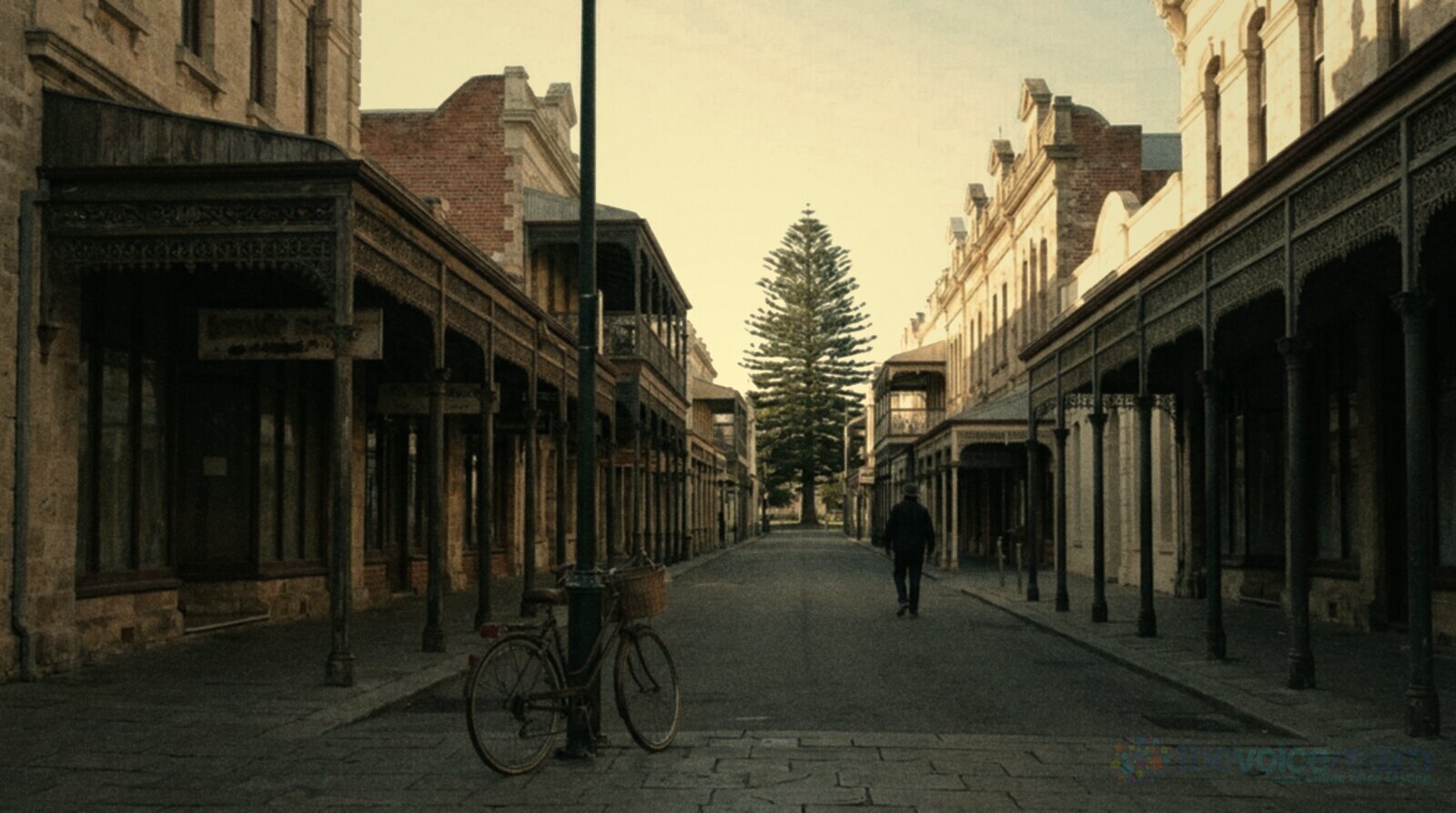 A quiet heritage street in the West End of Fremantle early in the morning, limestone and red brick shopfronts with iron lace verandahs, a Norfolk Island pine at the end of the street, a bicycle leaning on a post and one person walking away, in warm faded film colours © The Voice Realm