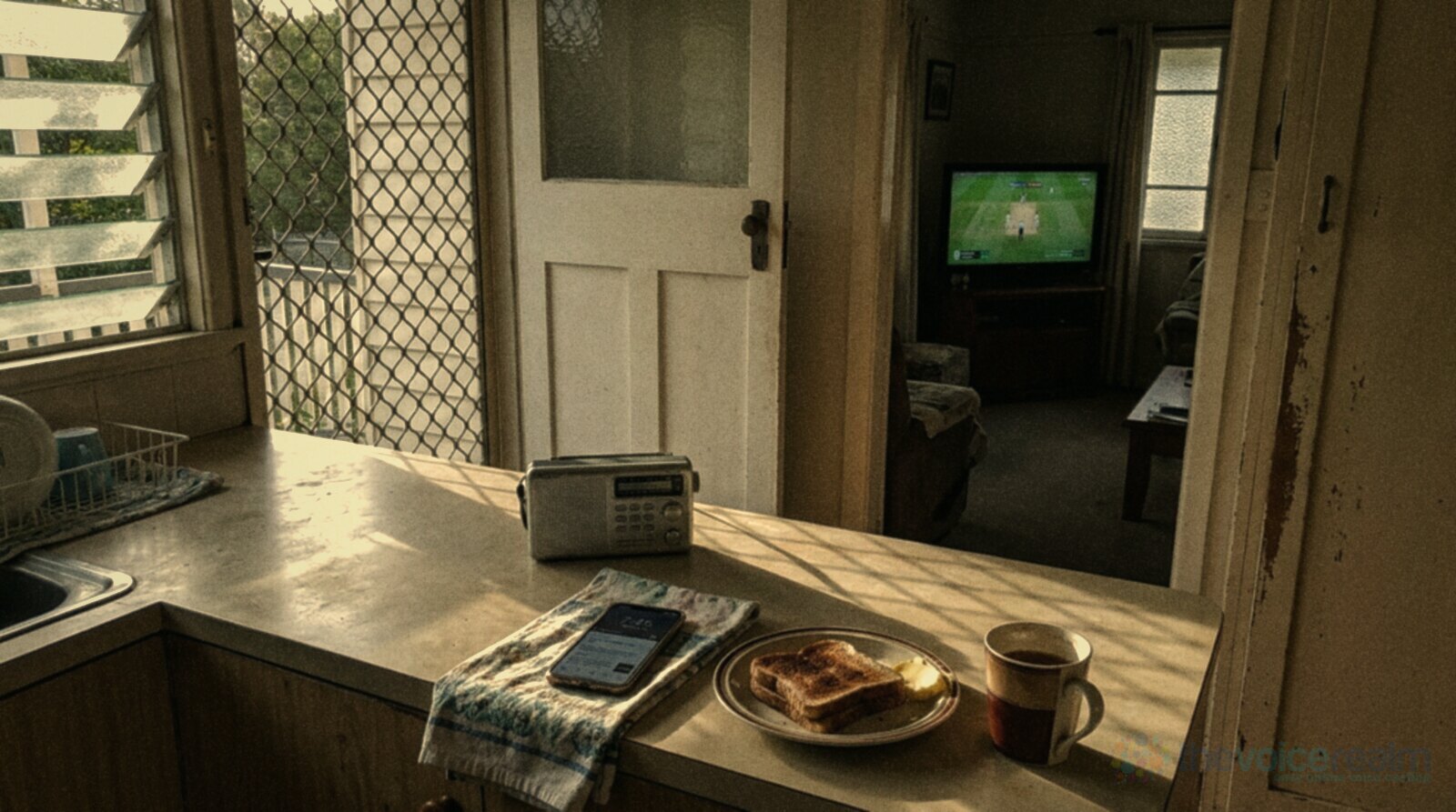 Morning in the kitchen of an old Queensland weatherboard house: a small portable radio, a phone on a tea towel, toast and a mug of tea on the laminate bench, louvre windows and a security screen door, and through the doorway a television in the lounge room showing a cricket match, in warm faded film colours © The Voice Realm