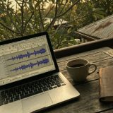 An open laptop showing an audio waveform on a weathered timber table on the back verandah of a Queenslander, a cup of coffee and a leather notebook beside it, frangipani and a rusty corrugated iron roof behind © The Voice Realm