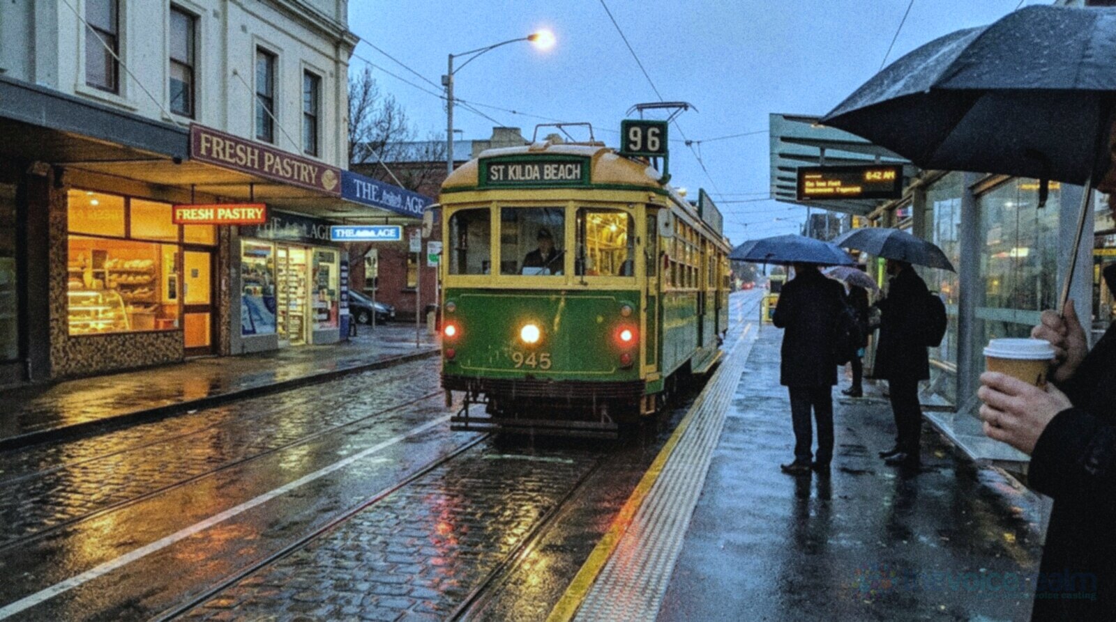 A green and yellow Melbourne tram arriving at a stop on a wet morning at dawn, commuters under umbrellas and shopfront lights reflecting on the cobbled tracks © The Voice Realm