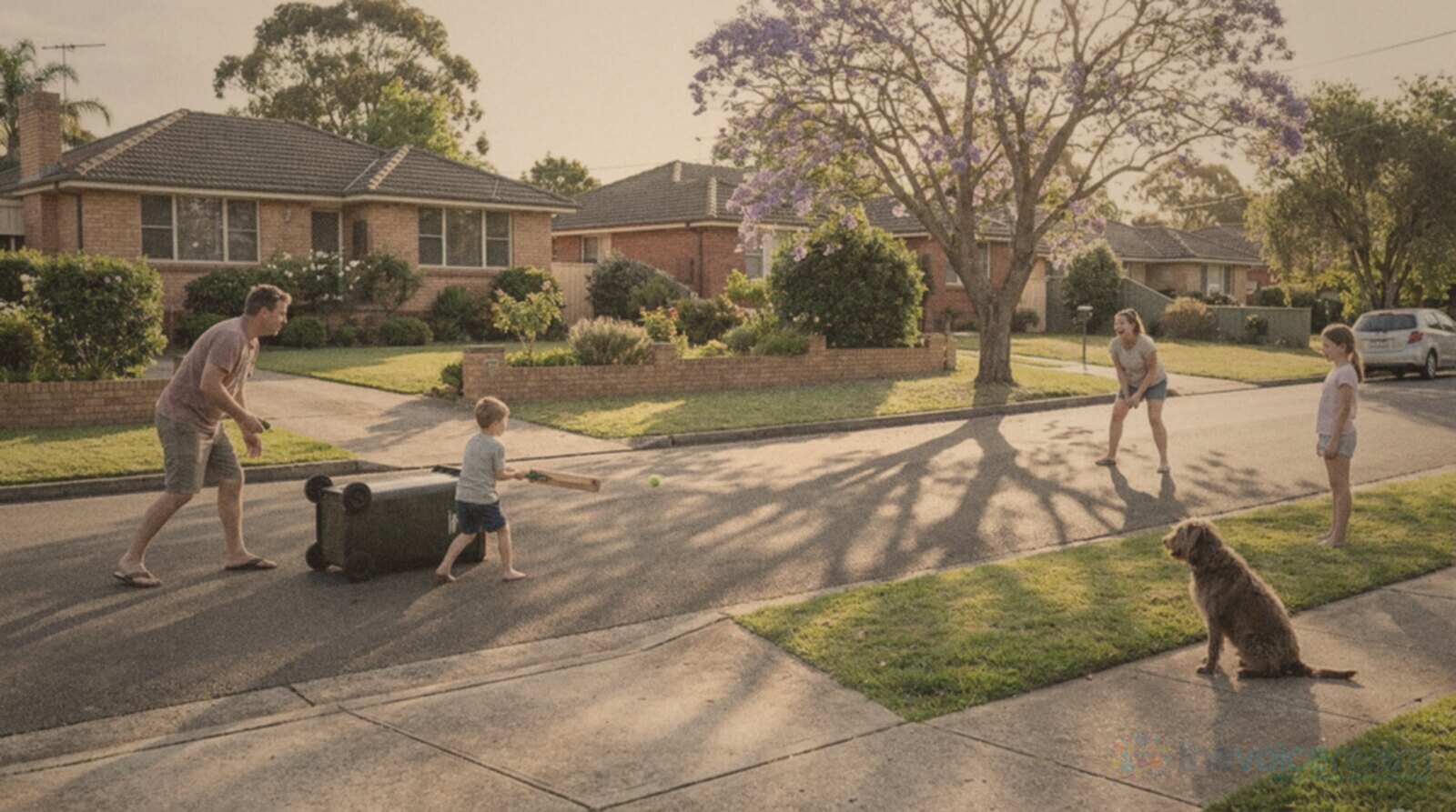 A family playing cricket in a quiet suburban street in late afternoon light, a boy batting in front of a wheelie bin used as the wicket, a tennis ball in the air, a dog sitting on the nature strip, brick veneer houses and a jacaranda in flower, in faded seventies print colours © The Voice Realm