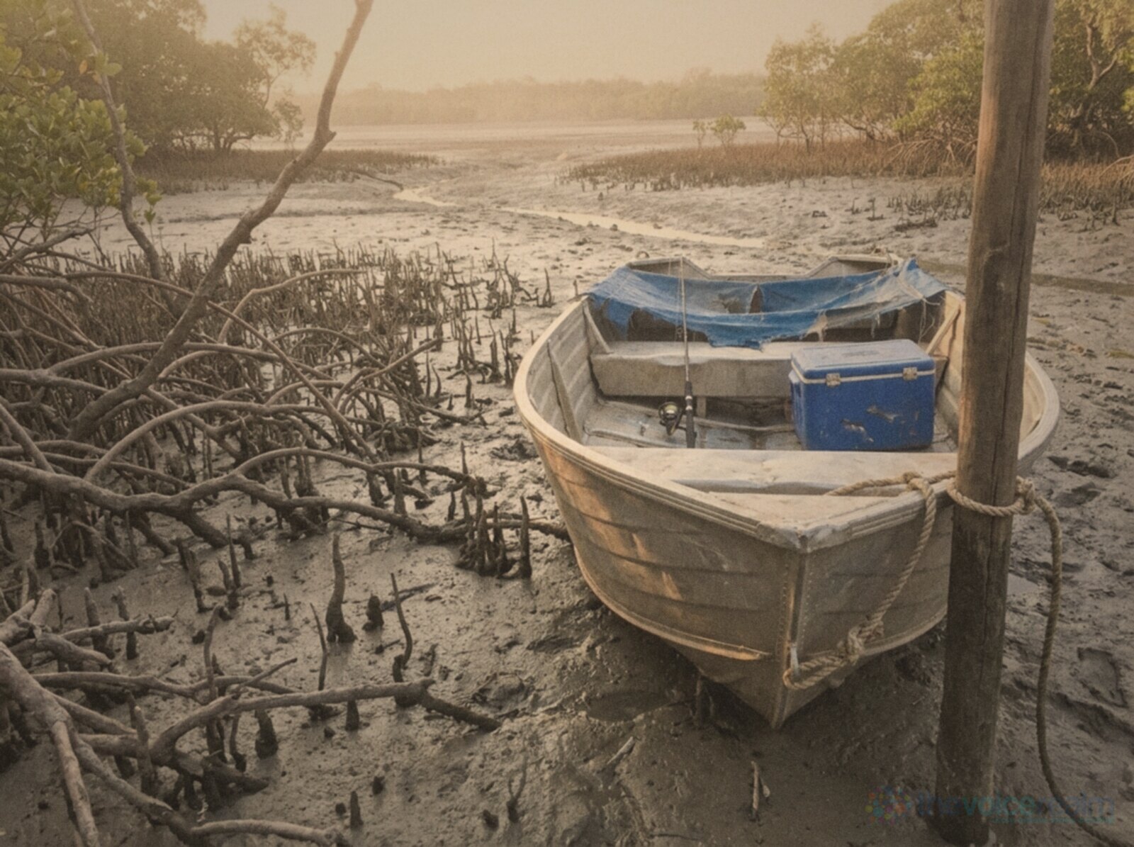 A small aluminium dinghy with a blue esky and a fishing rod tied to a post in a mangrove creek near Darwin at low tide, grey mud and tangled roots in hazy late afternoon light, in faded film colours © The Voice Realm