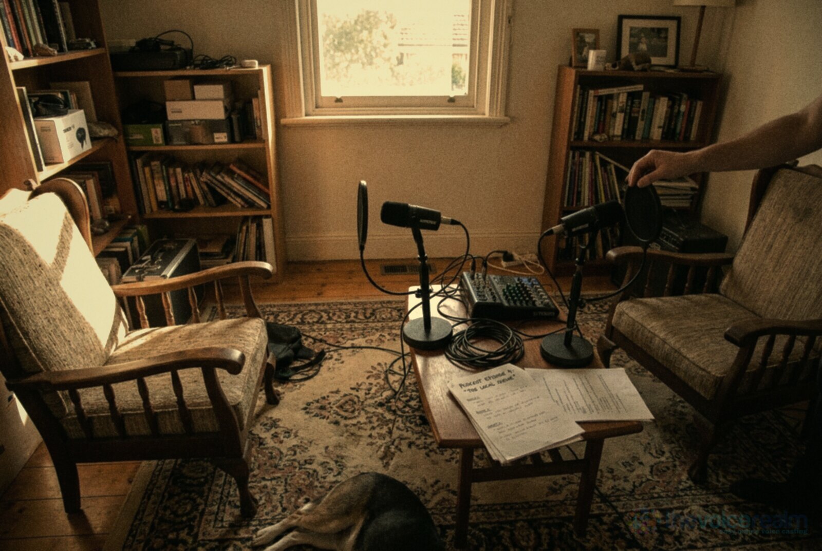 A spare room set up for a home podcast with two armchairs, two microphones on desk stands with pop filters, a small mixing desk on a coffee table and a dog asleep on the rug © The Voice Realm