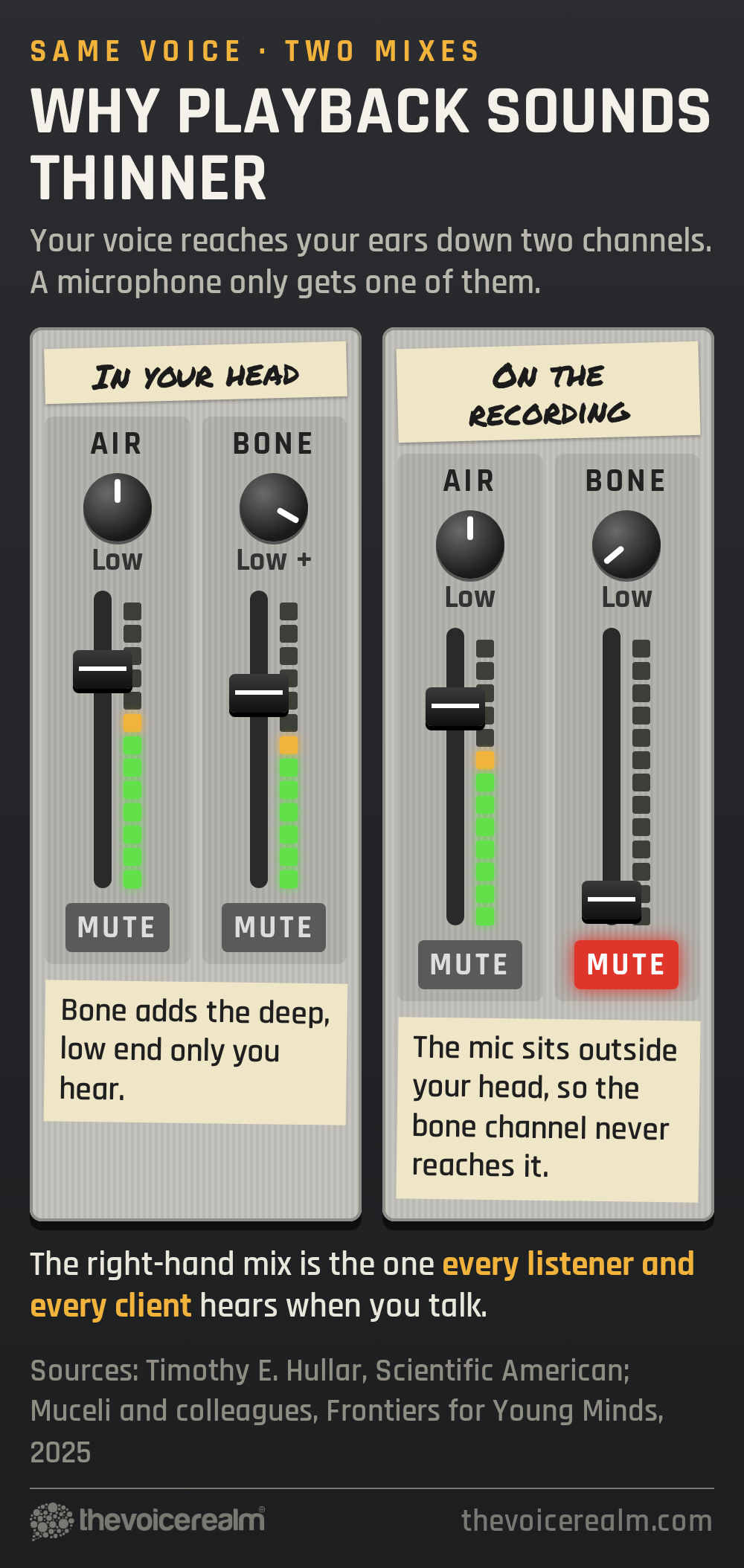Graphic styled as an analogue mixing desk called Why playback sounds thinner: two mixes of the same voice, each with an AIR and a BONE channel. In your head both faders are up and the bone channel adds the deep, low end only you hear; on the recording the bone channel is muted because the mic sits outside your head. The recording is the mix every listener and every client hears. Sources: Timothy E. Hullar, Scientific American; Muceli and colleagues, Frontiers for Young Minds, 2025 © The Voice Realm