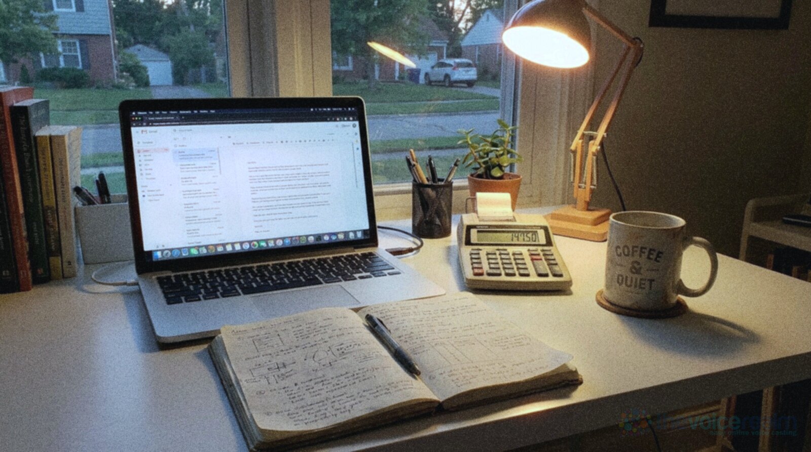 A home office desk at dusk with an open laptop, a desk calculator, a handwritten notebook and a lit desk lamp beside a mug © The Voice Realm