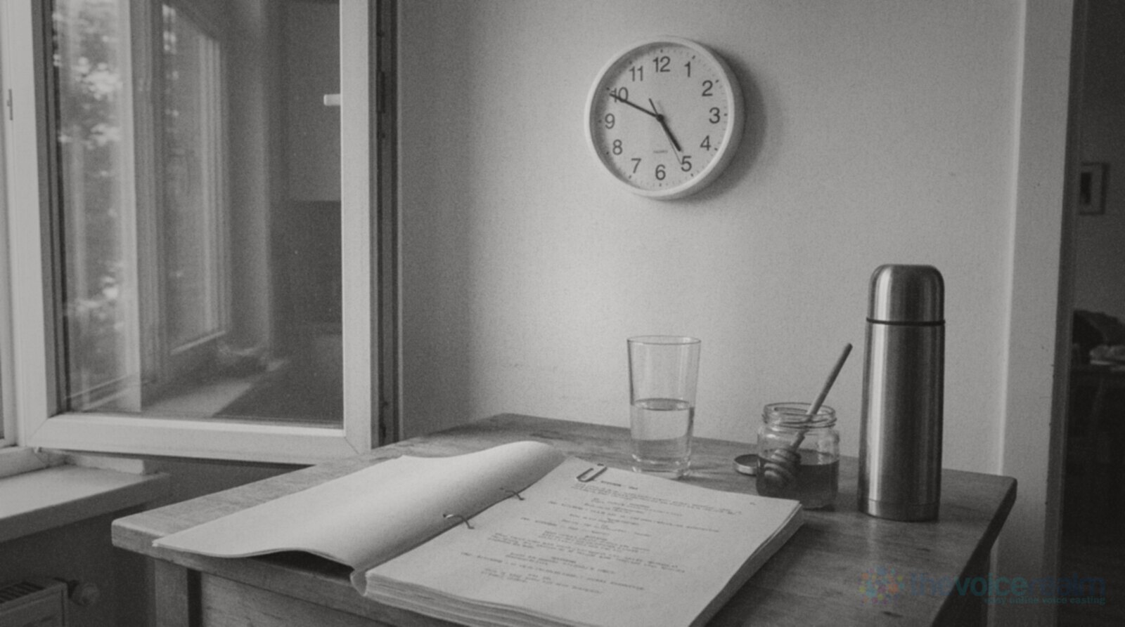 Black and white photo of a kitchen table by an open window, a round wall clock above, a printed script, a glass of water, a jar of honey and a steel thermos flask © The Voice Realm