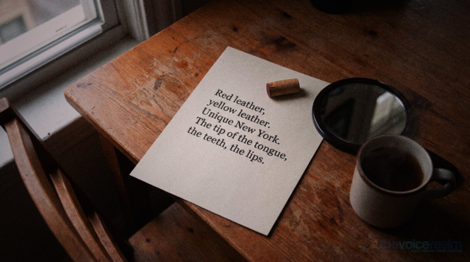 A printed page of tongue twisters on a wooden kitchen table by a window, reading Red leather, yellow leather. Unique New York. The tip of the tongue, the teeth, the lips, with a wine cork on the page, a round hand mirror and a mug of tea © The Voice Realm