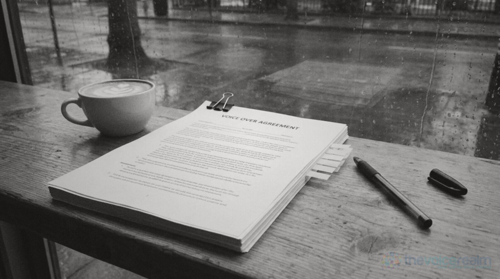 Black and white photo of a printed contract headed Voice Over Agreement, held with a binder clip and marked with sticky flags, on a cafe table by a rainy window with a pen and a flat white © The Voice Realm