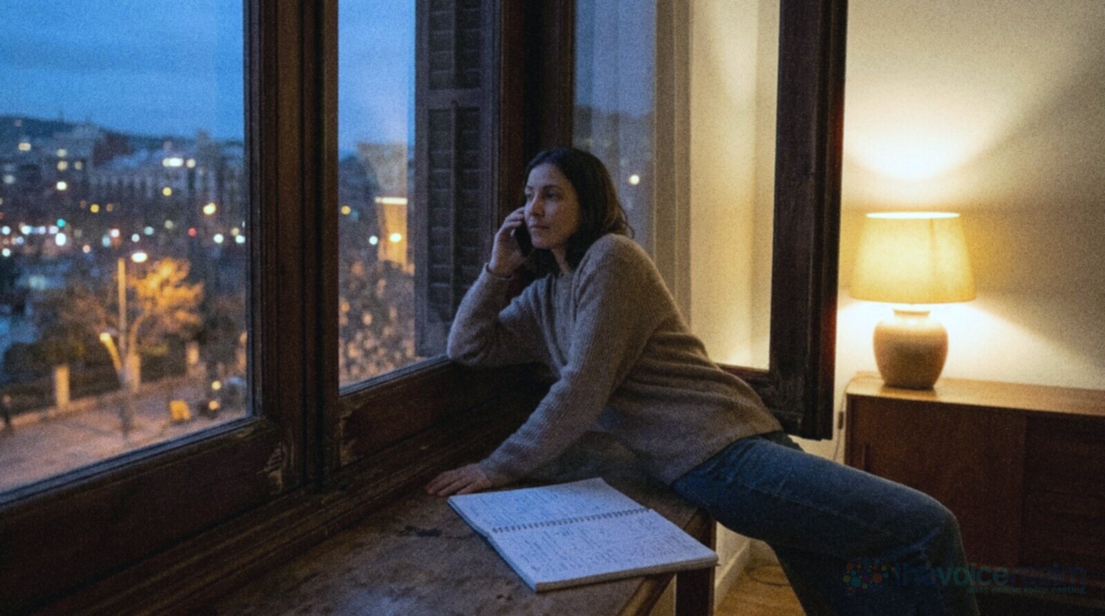 A woman leans on a deep window ledge at dusk talking on her phone beside an open notebook of handwritten notes, with city lights outside and a lamp glowing in the room © The Voice Realm