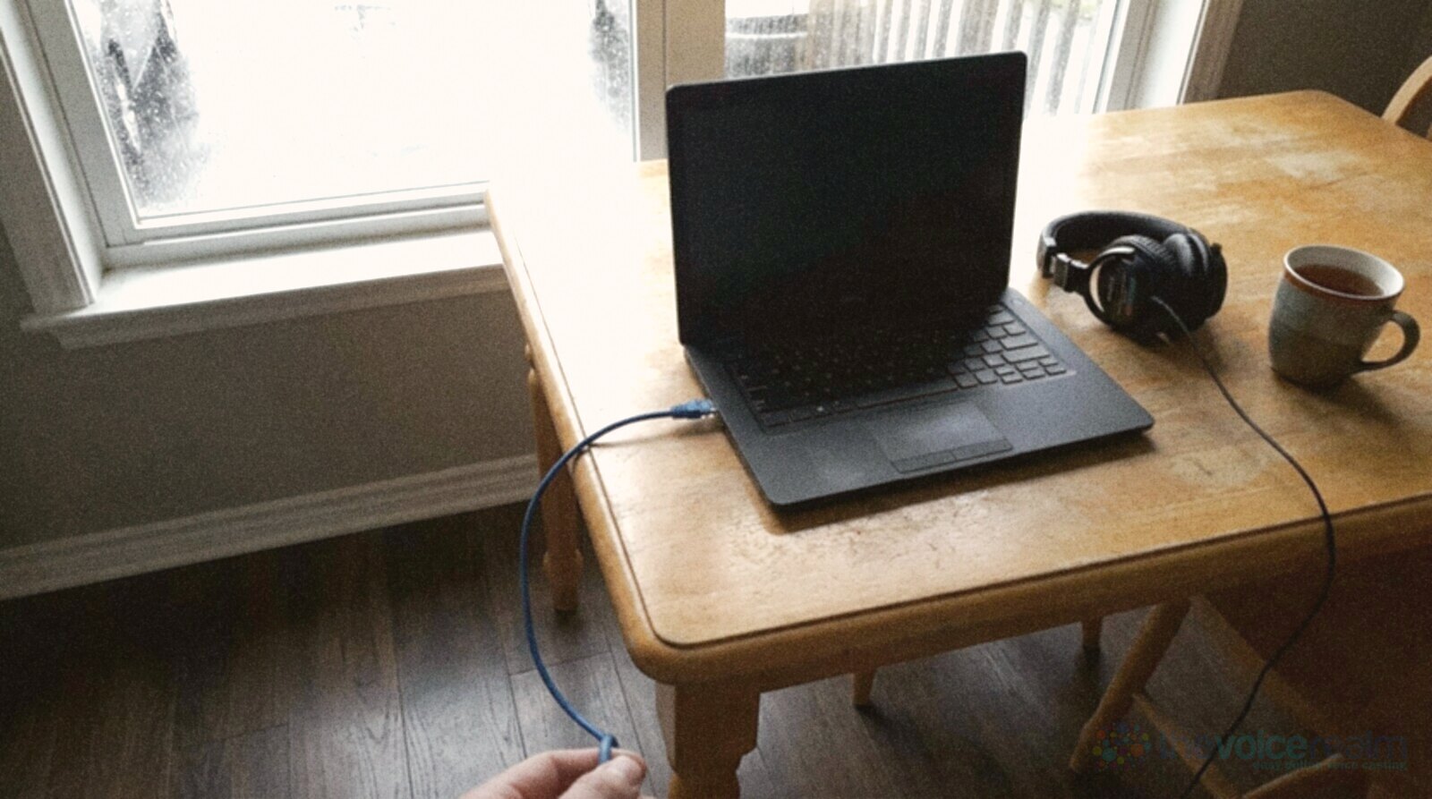 A black laptop on a small wooden kitchen table by a rainy window with a blue network cable plugged into its side, closed-back headphones and a mug of tea beside it, and a hand holding the far end of the cable © The Voice Realm