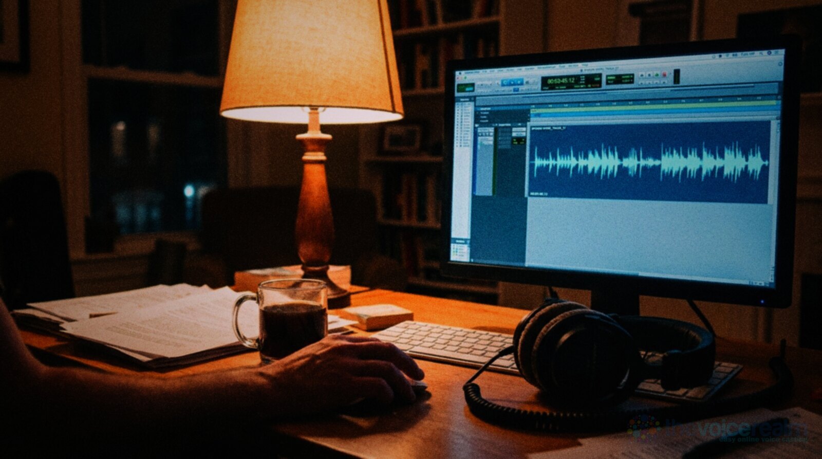 A home office desk at night lit by a table lamp, a hand on the mouse in front of a monitor showing a single blue spoken word waveform in audio editing software, with closed-back headphones, a keyboard, script pages and a mug of tea, in rich warm film colours © The Voice Realm