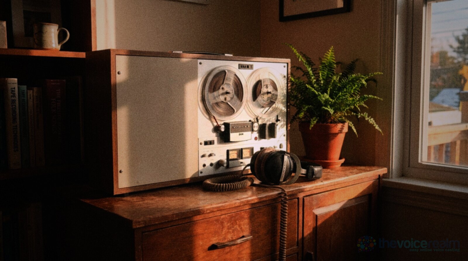 A vintage reel-to-reel tape recorder with two clear tape reels on a wooden sideboard in a sunny living room, closed-back headphones with a coiled cable beside it, a potted fern and shelves of books, in punchy warm film colours © The Voice Realm