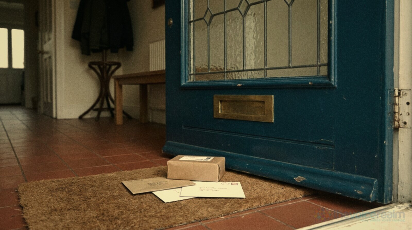 The inside of a blue front door with a brass letter slot, envelopes and a small parcel lying on a coir doormat on a red tiled hallway floor, in soft faded warm film colours © The Voice Realm