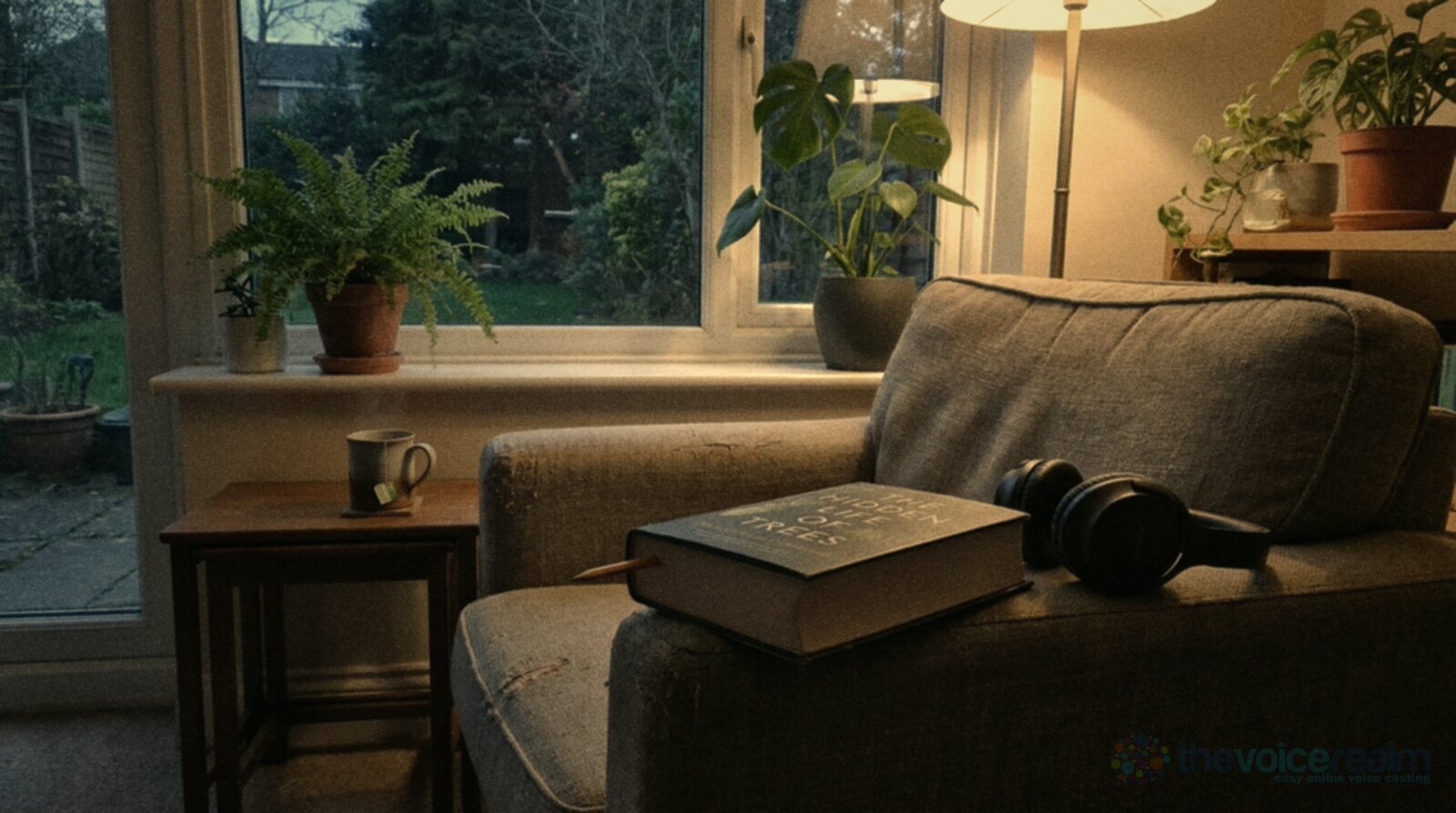 A worn grey armchair by a garden window at dusk with a thick hardback book and a pencil bookmark on the arm, over-ear headphones beside it and a mug of tea on a side table © The Voice Realm