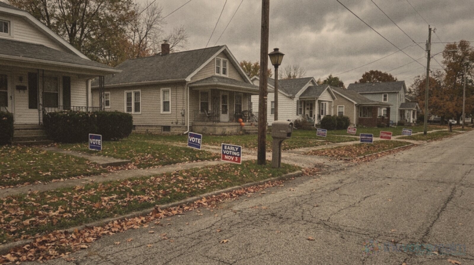A quiet suburban street in late October with fallen leaves on the lawns, campaign signs reading VOTE and EARLY VOTING NOV 3 pushed into the grass outside clapboard houses, a mailbox and a pumpkin on a porch under a grey sky © The Voice Realm