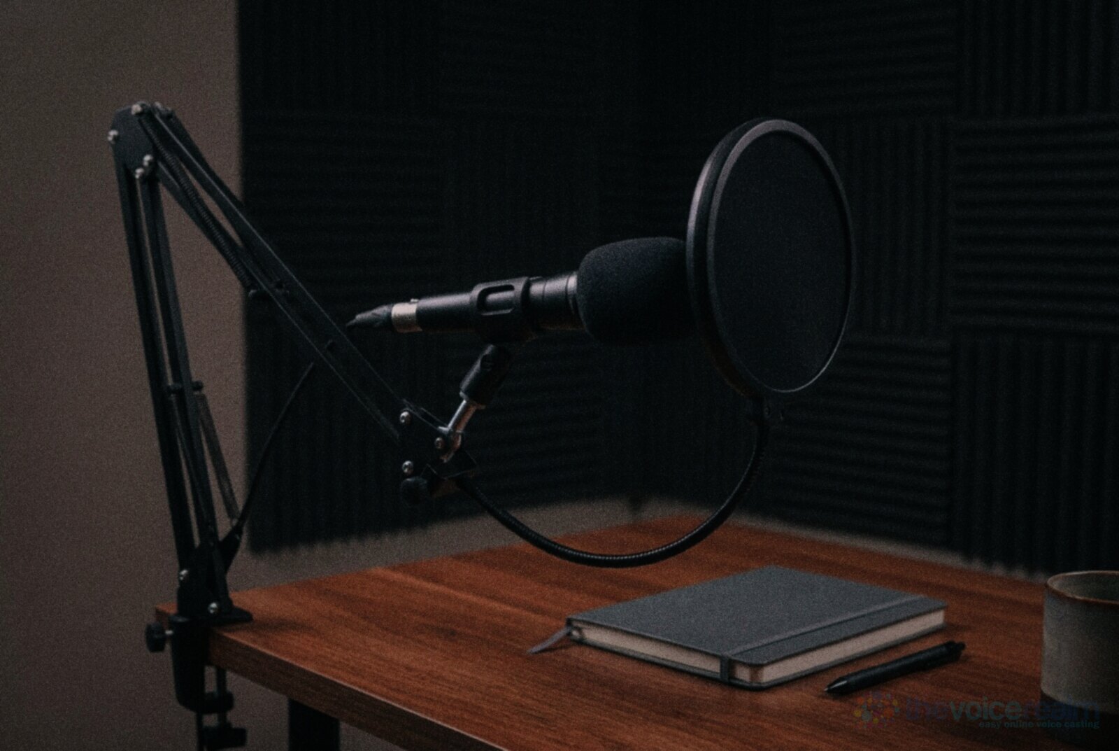A black dynamic microphone with a foam windscreen on a boom arm with a pop filter in front, a closed notebook and pen on the desk and acoustic foam on the wall behind, in saturated film colours © The Voice Realm