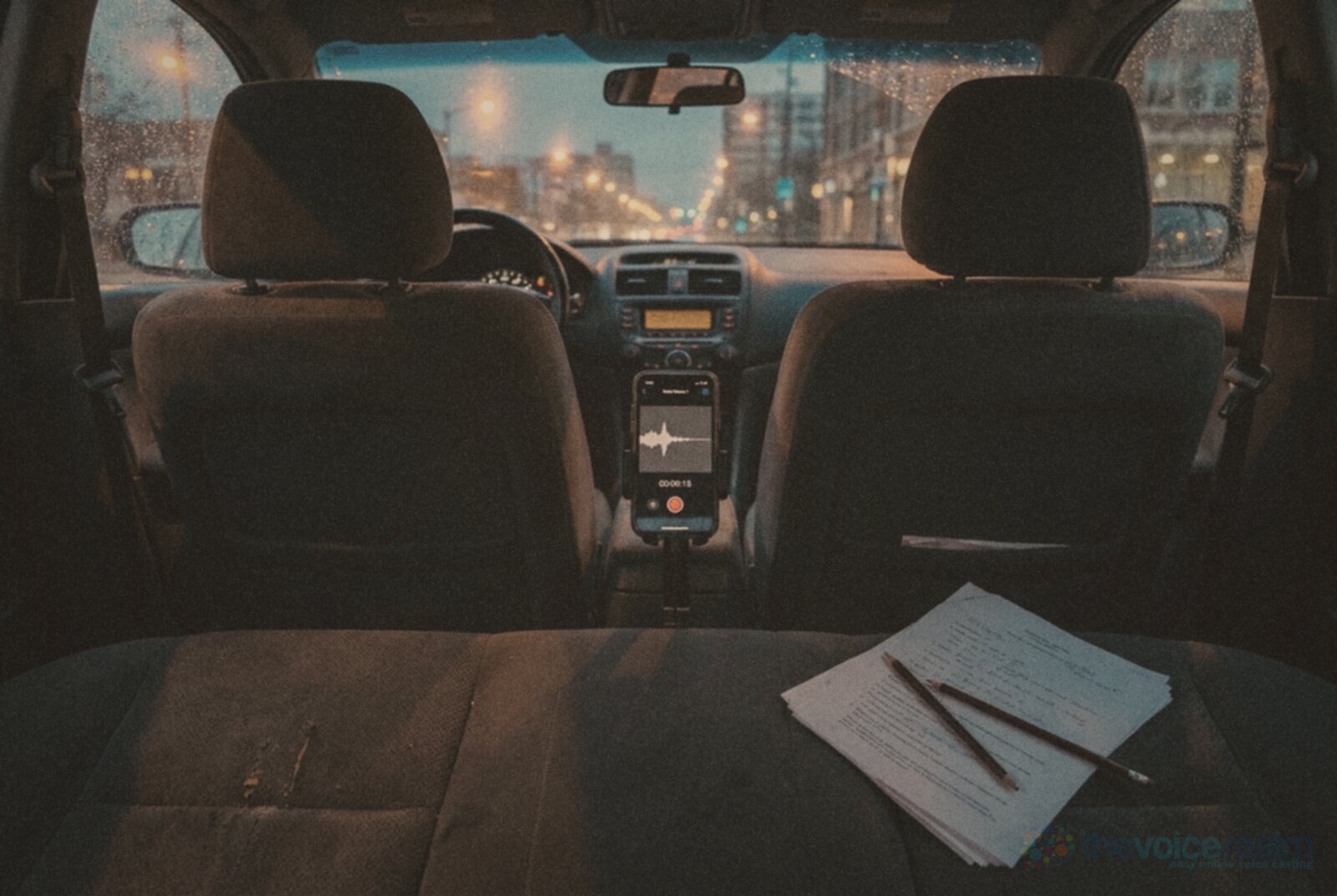 The inside of an empty parked car at dusk, a phone in a dashboard holder recording a voice memo and a script with pencils on the back seat, rain on the windscreen and city lights outside © The Voice Realm