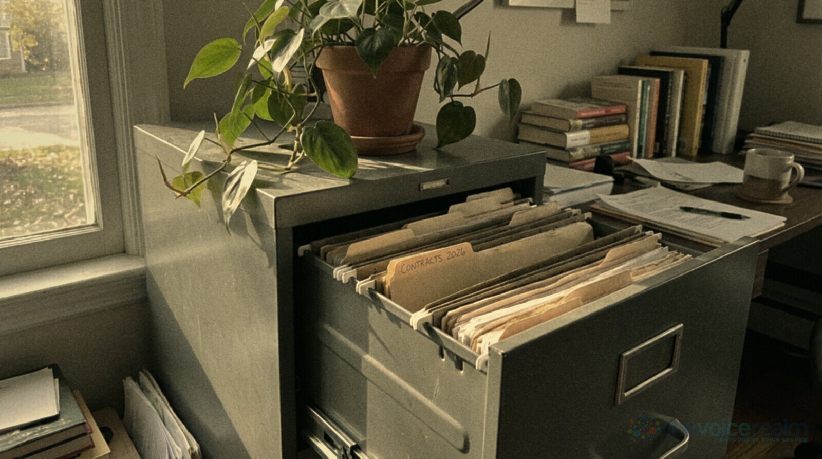 A grey metal filing cabinet with its top drawer half open in a sunny home office, hanging folders inside and one tab handwritten Contracts 2026 © The Voice Realm