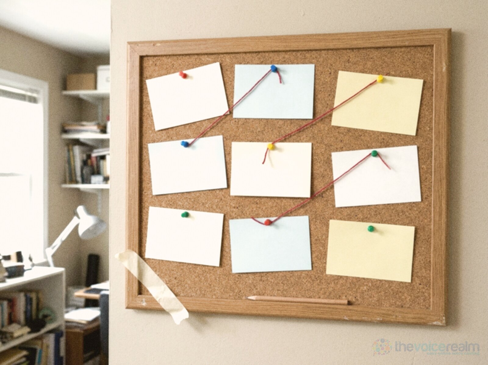 A cork noticeboard in a home office with nine blank index cards in white, blue and yellow, held by coloured push pins and linked by red string © The Voice Realm