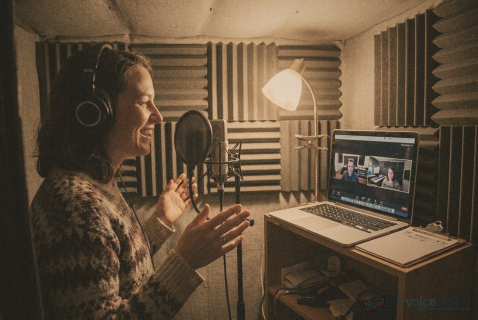 A woman in headphones smiles as she talks into a microphone with a pop filter in a small foam-lined home booth, a laptop beside her showing a video call with two people in a studio control room, in faded warm film colours © The Voice Realm