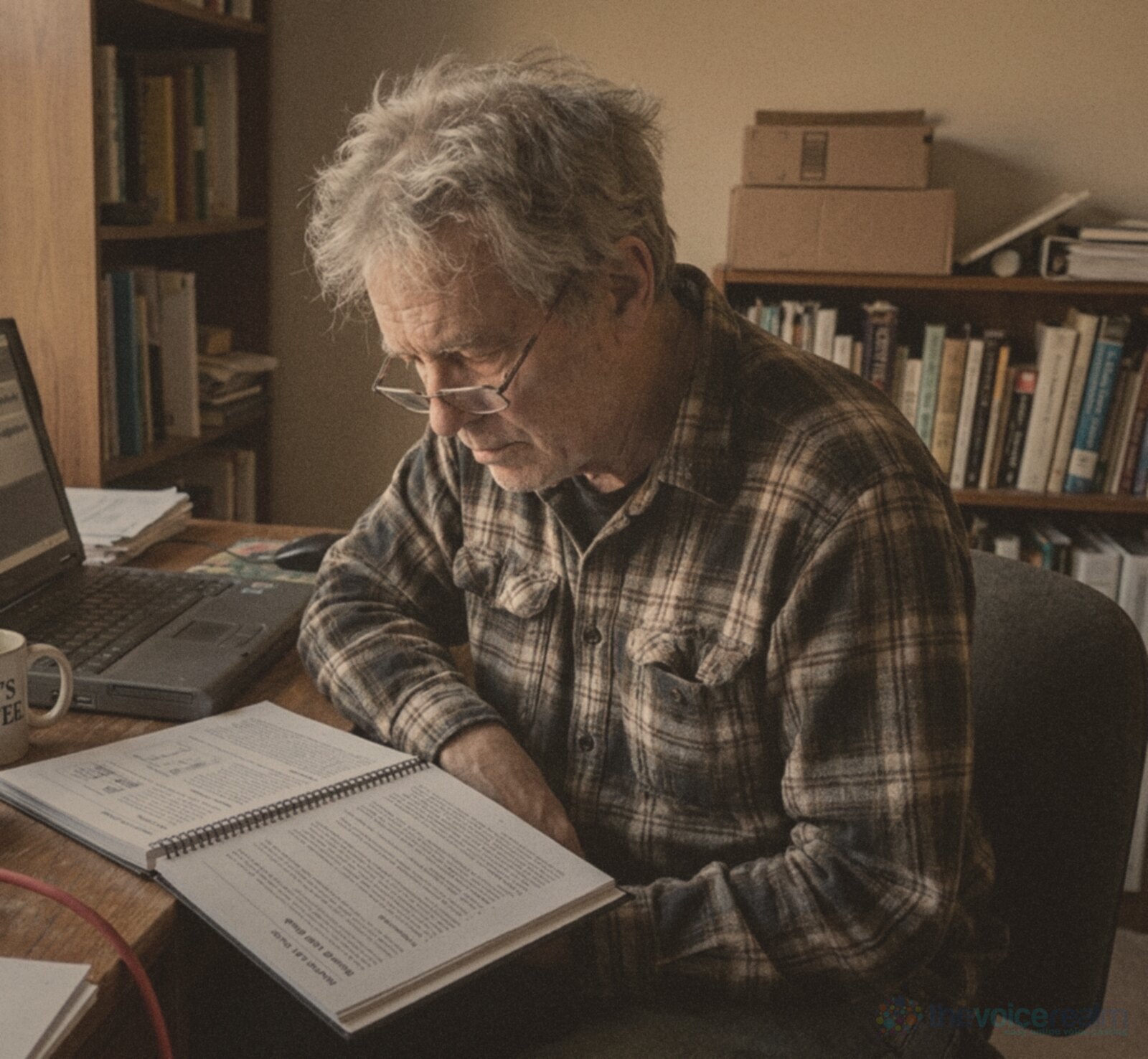 An older man in reading glasses and a checked shirt studies a spiral bound software manual at a cluttered desk beside an old laptop showing waveforms and a mug of coffee, in faded 1970s print colours © The Voice Realm