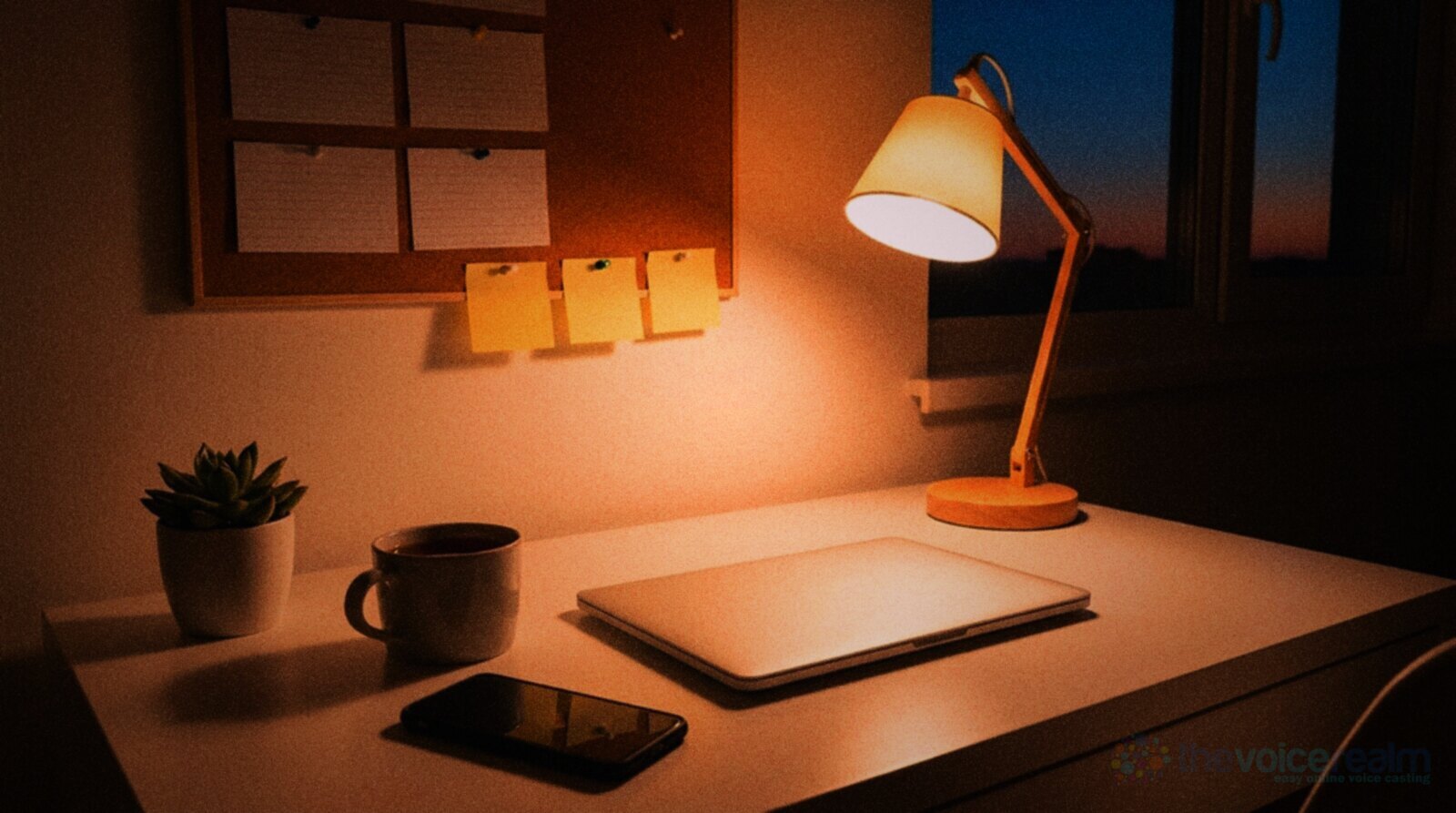 A white home office desk at dusk with a closed laptop, a mug of tea, a phone face down and a small succulent, a cork board above holding blank index cards and yellow sticky notes, lit by a warm desk lamp, in punchy colour film © The Voice Realm