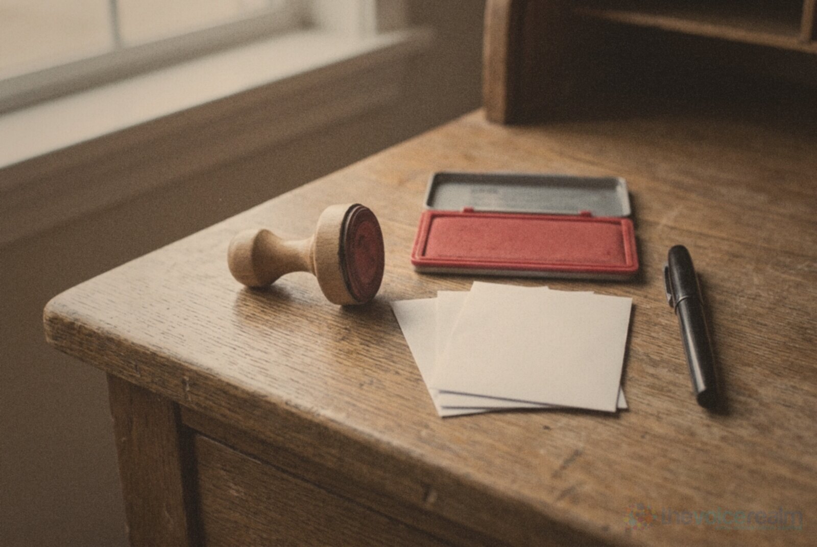 A wooden rubber stamp beside an open red ink pad, a few blank white envelopes and a black pen on an old oak desk by a window © The Voice Realm
