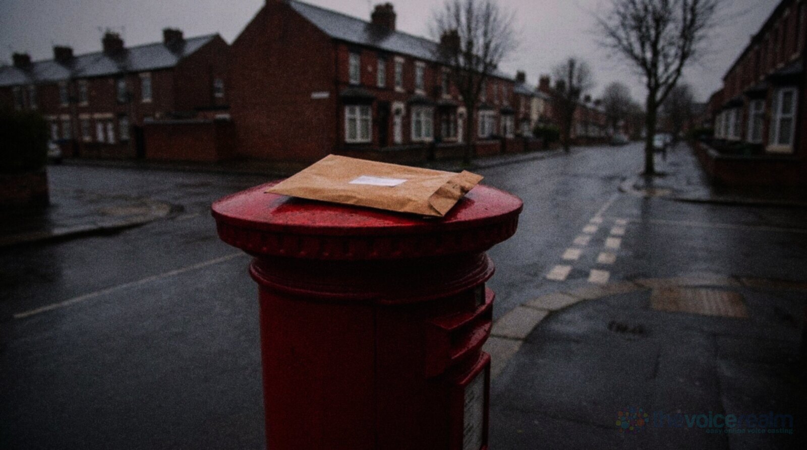 A brown A4 envelope resting on top of a red pillar post box on a wet residential street corner on an overcast day © The Voice Realm