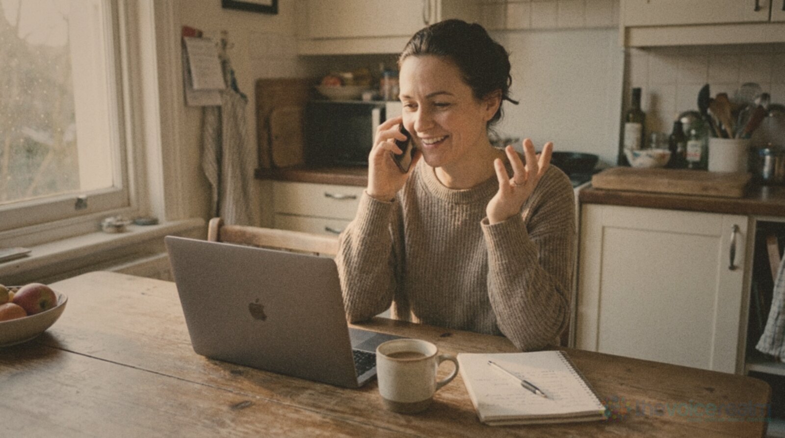 A smiling woman at a kitchen table on a phone call, a laptop, a mug of coffee and a notepad in front of her, in faded film colours © The Voice Realm