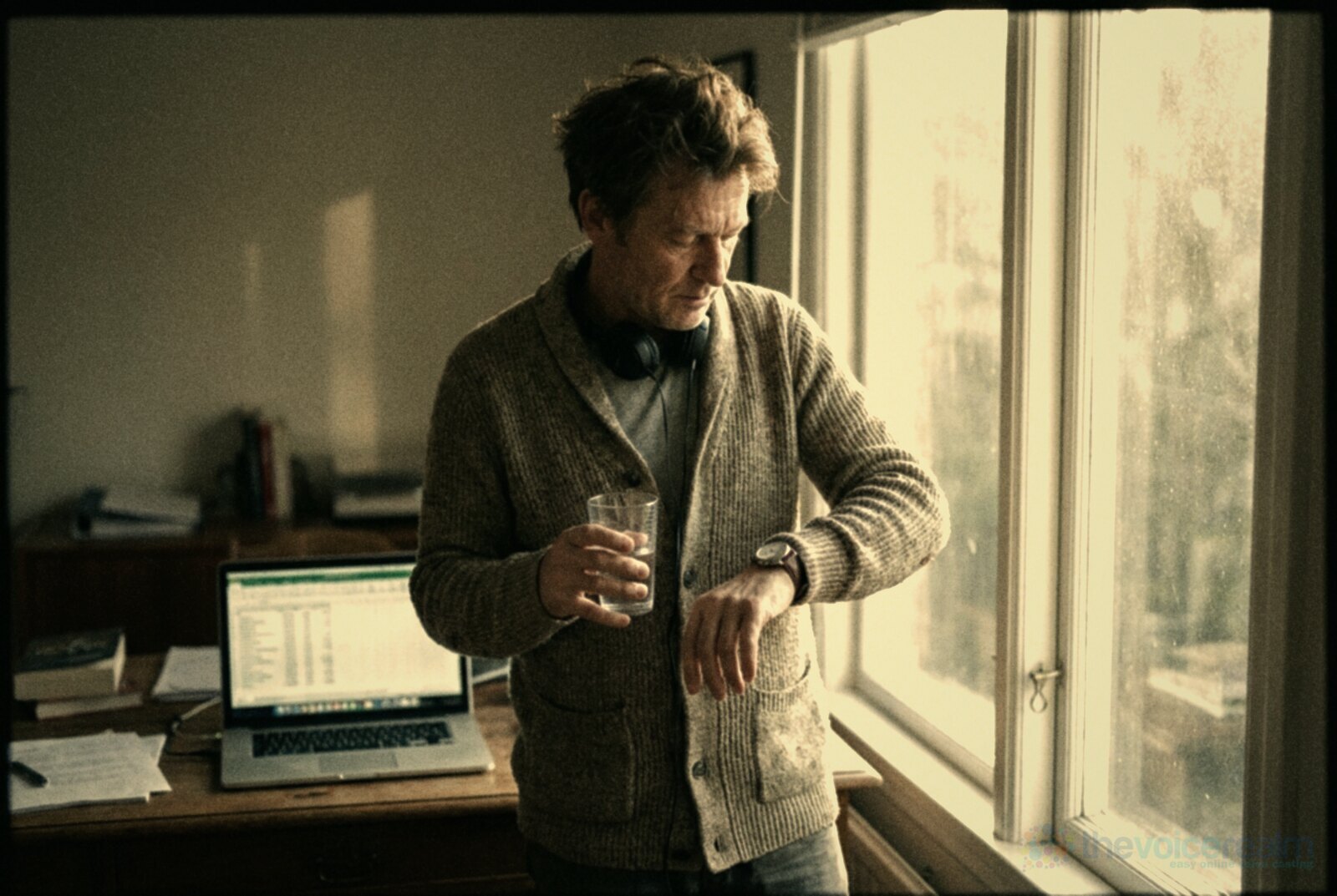 A man in a cardigan with headphones round his neck stands at a sunny window holding a glass of water and checking his watch, a laptop on the desk behind him, in warm film colours © The Voice Realm