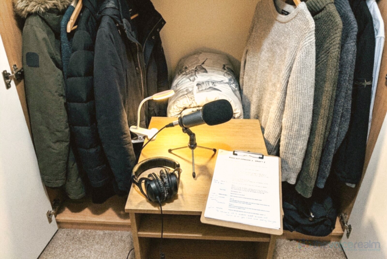 A home recording corner inside an open wardrobe, coats and jumpers hanging on both sides of a small table with a desk microphone, headphones, a clip lamp and a script on a clipboard © The Voice Realm