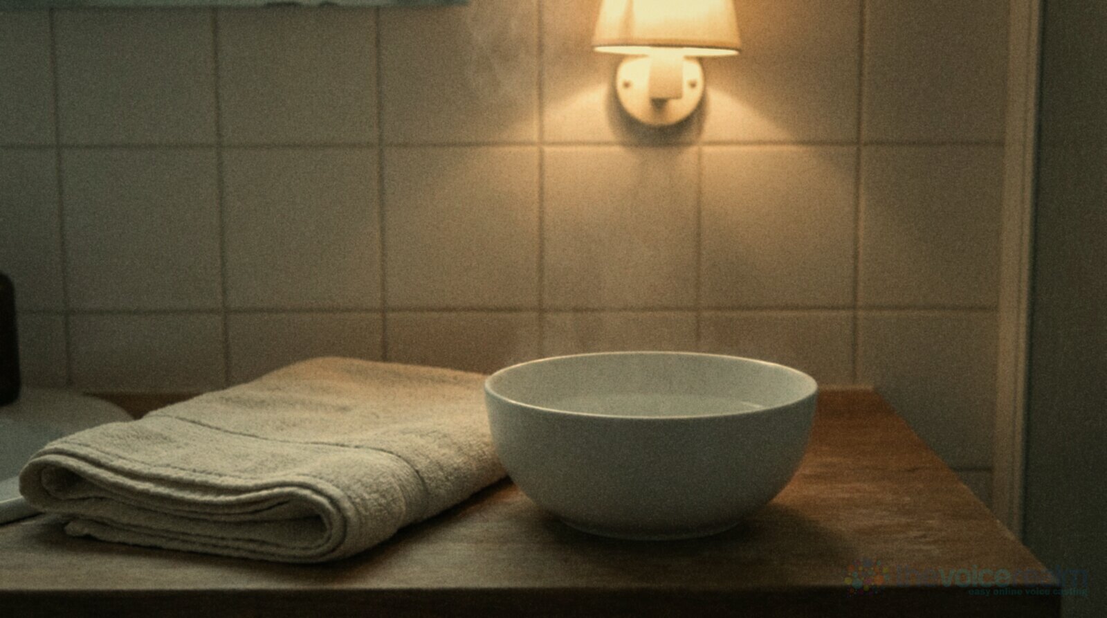 A white bowl of hot water steaming gently on a wooden bathroom counter beside a folded towel, under a warm wall light © The Voice Realm