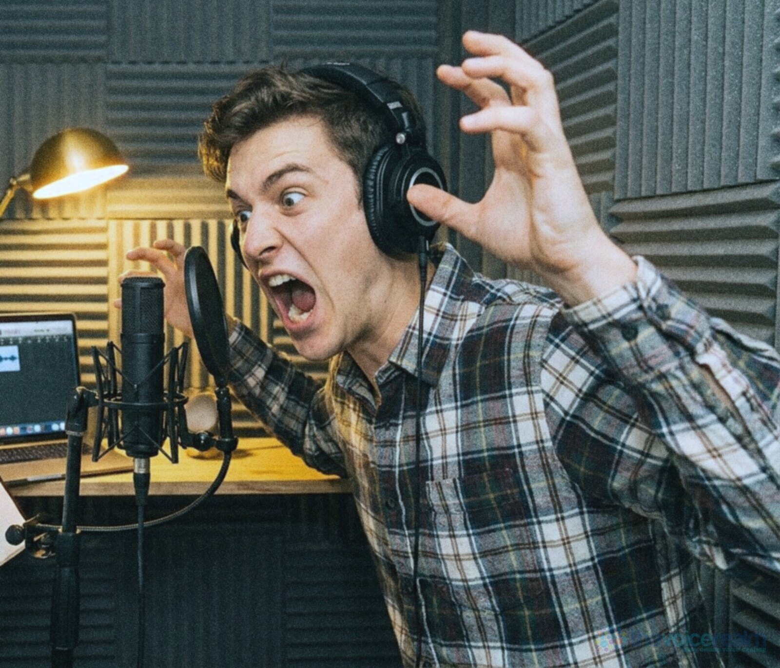 A young man in headphones in a foam-lined home booth pulling a big snarling face at the microphone, one hand raised like a claw, a laptop with a waveform behind him © The Voice Realm