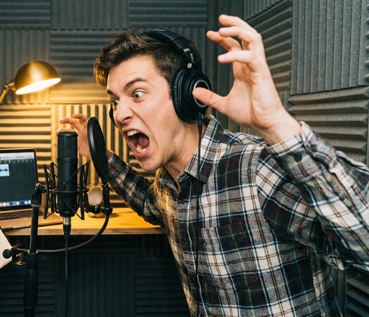 A young man in headphones in a foam-lined home booth pulling a big snarling face at the microphone, one hand raised like a claw, a laptop with a waveform behind him © The Voice Realm