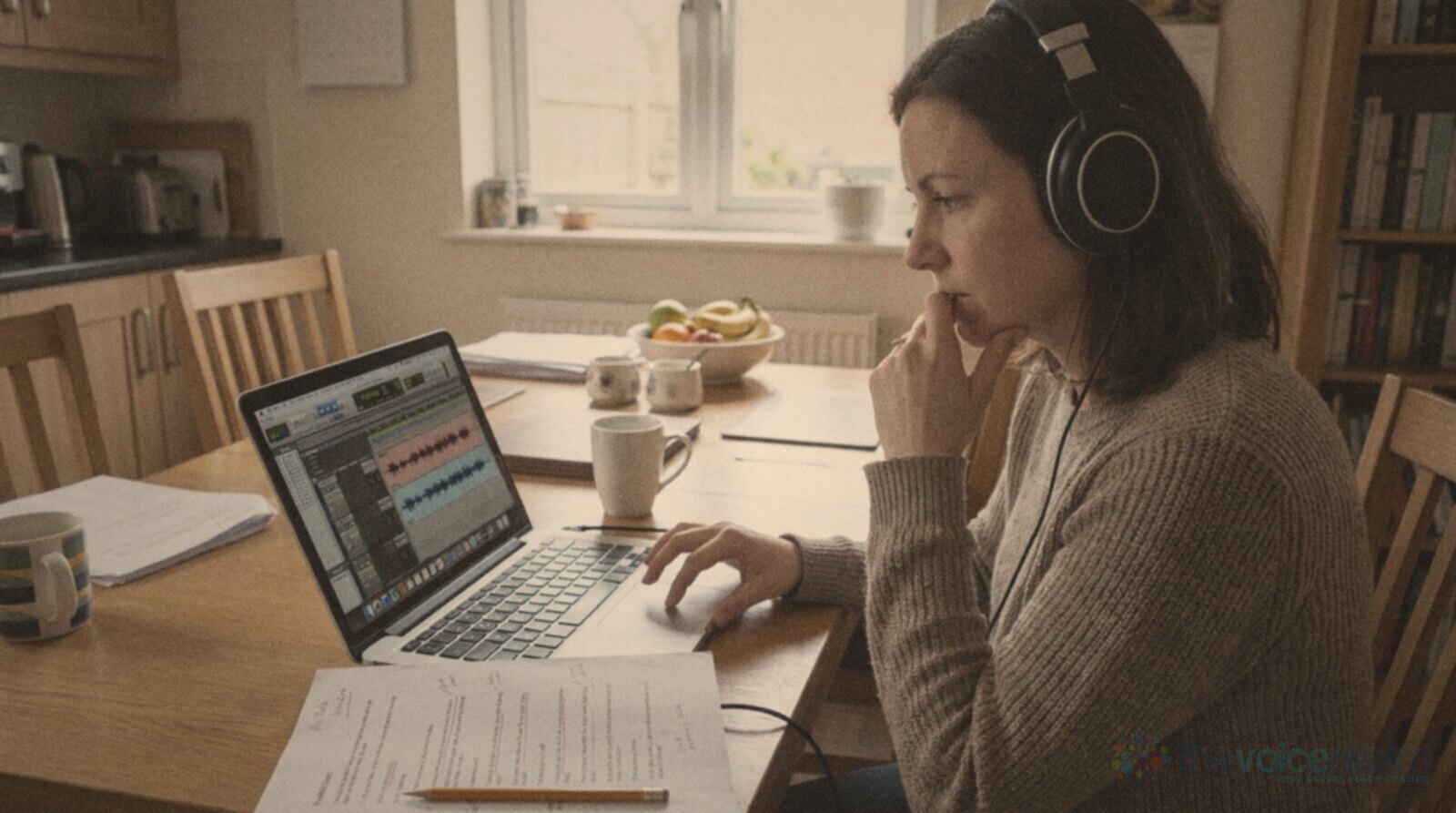 A woman in a knitted jumper and headphones sitting at a dining table at home, one hand at her chin, looking at an audio editing program on a laptop with a marked up script beside her © The Voice Realm