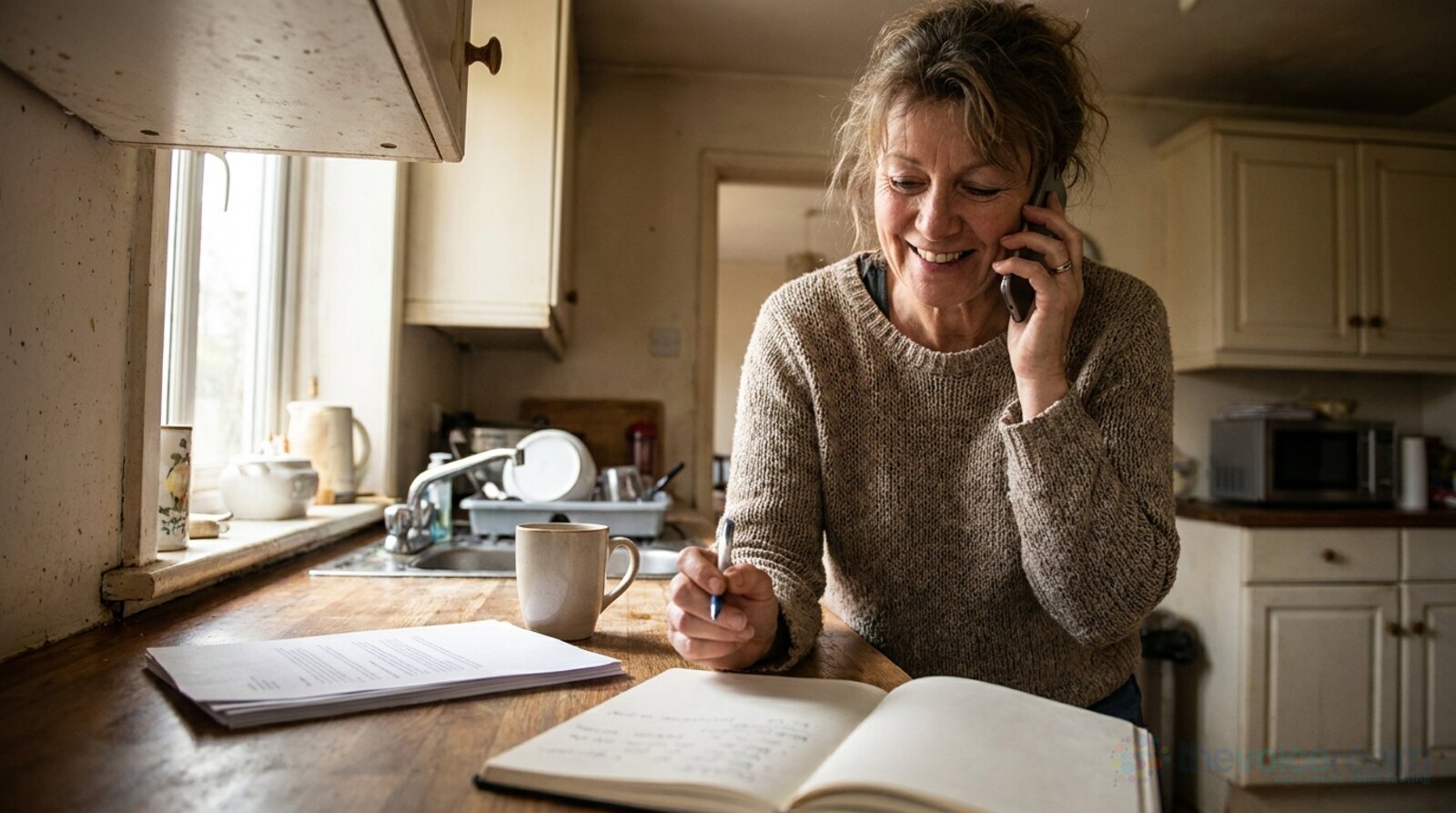 A smiling woman in a knitted jumper on a phone call at a kitchen counter, pen in hand over an open notebook, a mug and a stack of printed pages beside her © The Voice Realm